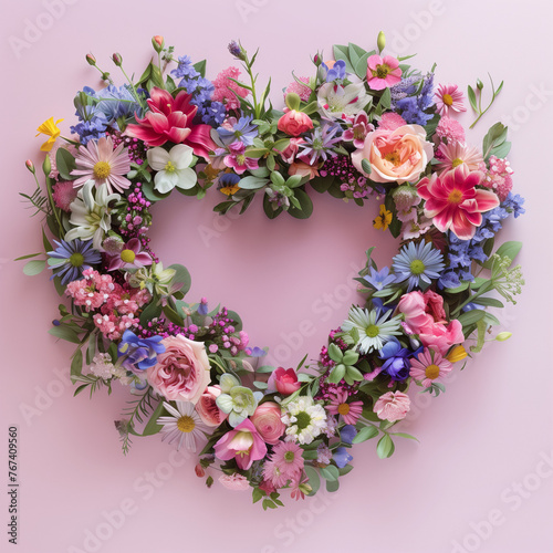 heart shape wreath of flowers.Minimal creative spring nature concept.Flat lay © sunaiart
