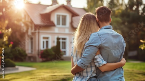 Young couple in love hugging and kissing in front of their new house. Rent and purchase of real estate concept 