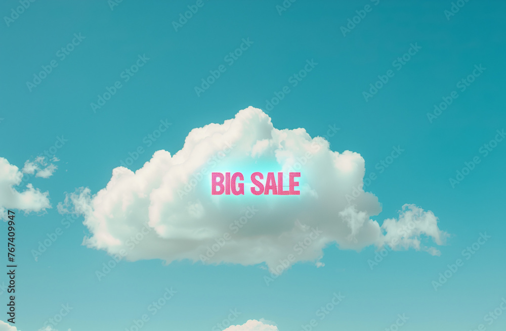 blue sky with clouds and text BIG SALE.Minimal creative business concept.Trendy social mockup or wallpaper .Advertisement for discount promotion for all types of companies and stores blue sky with clouds and text BIG SALE.Minimal creative business concept.Trendy social mockup or wallpaper .Advertisement for discount promotion for all types of companies and stores