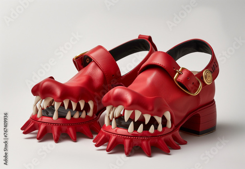 Bite shoes, with teeth.Minimal creative fashion concept.Flat lay.