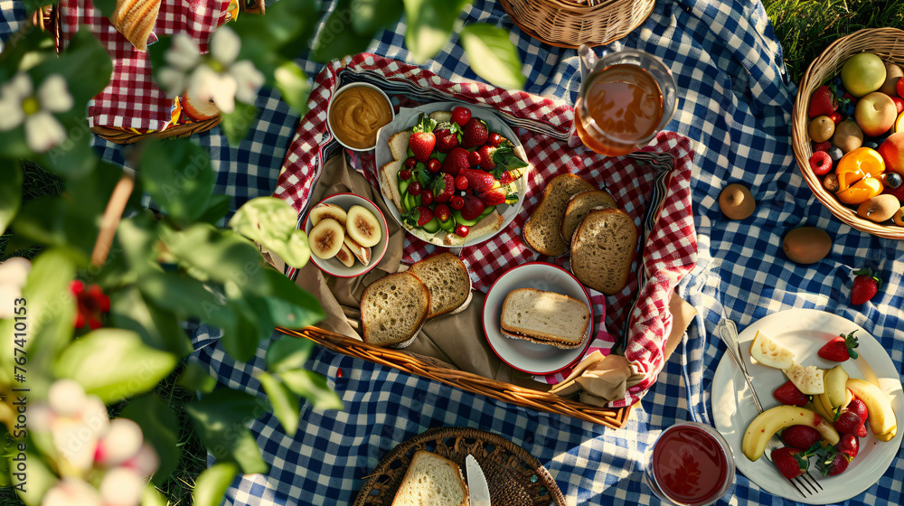 Patriotic picnic basket flat lay with sandwiches fruit salad and iced tea.