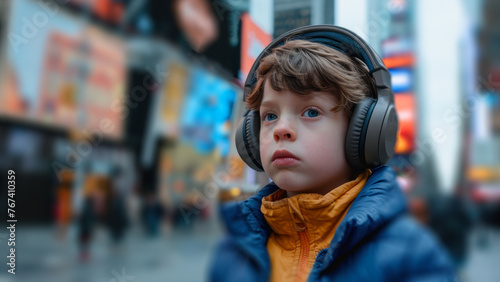 Thoughtful Child in Headphones Amidst City Lights.