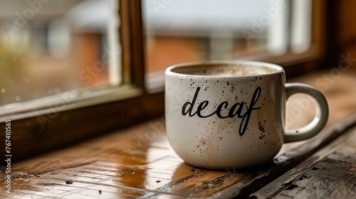 A mug of decaf coffee on a dark brown background, with "decaf" written on the mug. Concept: healthy lifestyle and caffeine-free drinks, alternatives to classic coffee. © Marynkka_muis