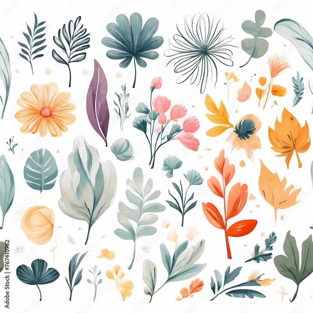 A collection of seamless pattern, colorful abstract plants and flowers. Hand drawn Collection of leaves and flowers. A close up of a pattern of flowers and leaves.
A collection of seamless pattern, colorful abstract plants and flowers. Hand drawn Collection of leaves and flowers. A close up of a pattern of flowers and leaves.