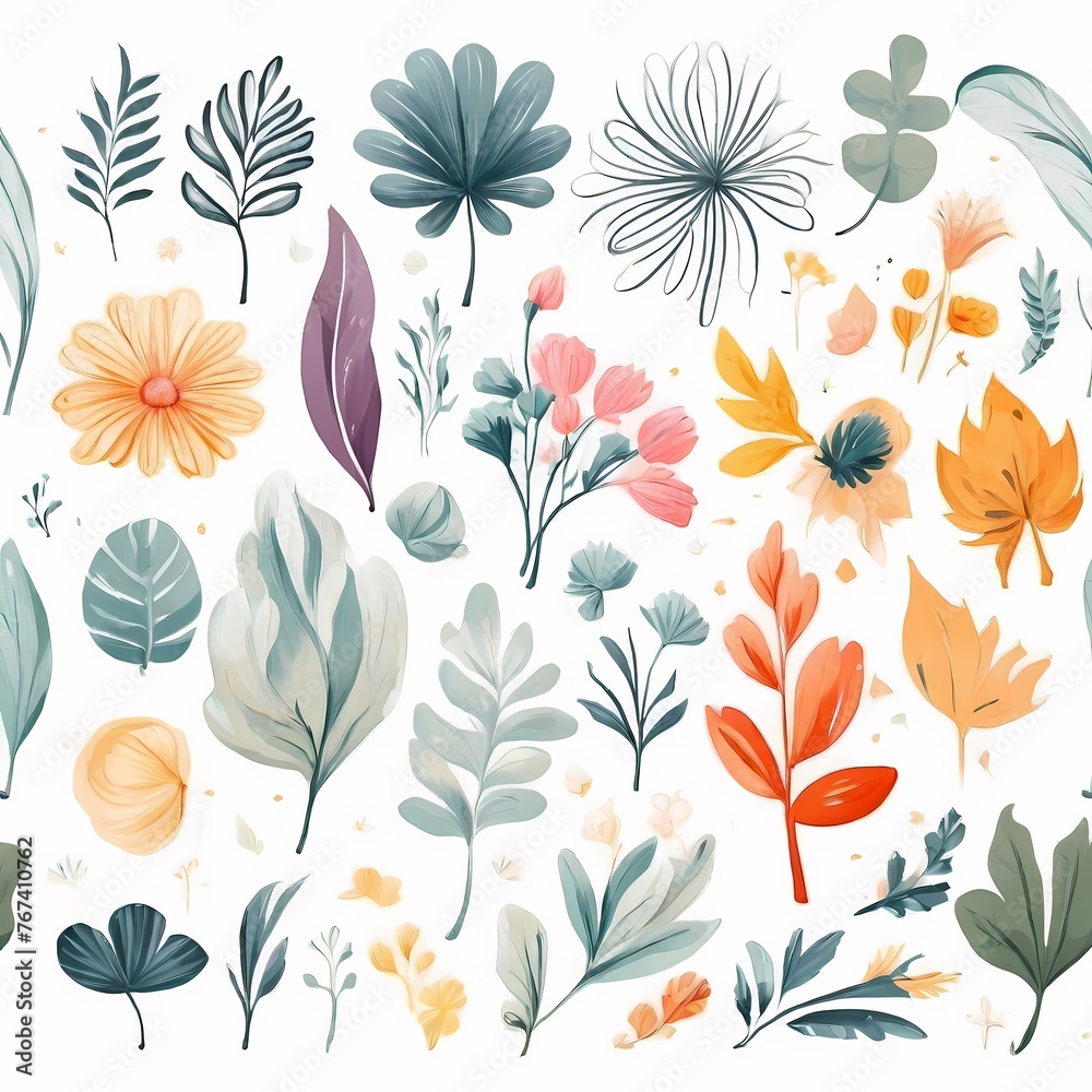 A collection of seamless pattern, colorful abstract plants and flowers. Hand drawn Collection of leaves and flowers. A close up of a pattern of flowers and leaves.
