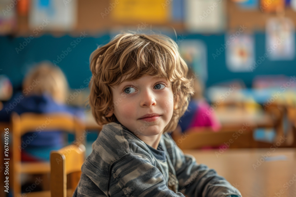 Curious Child in Classroom with Blue Eyes. Curious Child in Classroom with Blue Eyes.