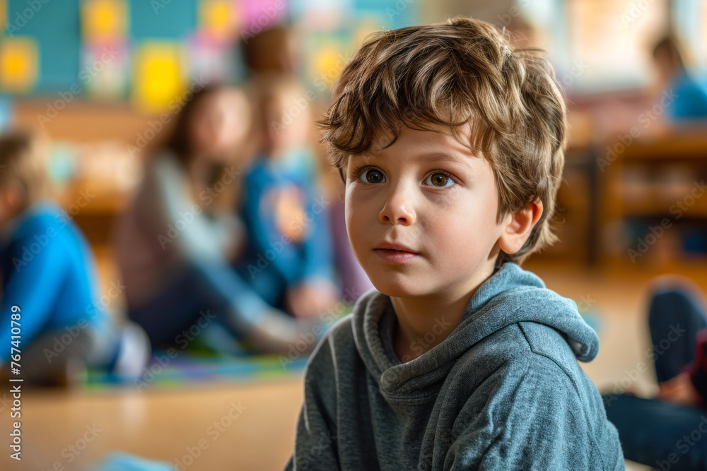Thoughtful Young Boy in Classroom Setting. Thoughtful Young Boy in Classroom Setting.