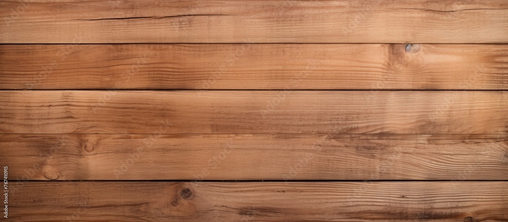 Fototapeta premium A closeup shot of a rectangular brown wooden table with a shiny varnish finish, showcasing the natural wood grain and texture, against a blurred beige flooring background