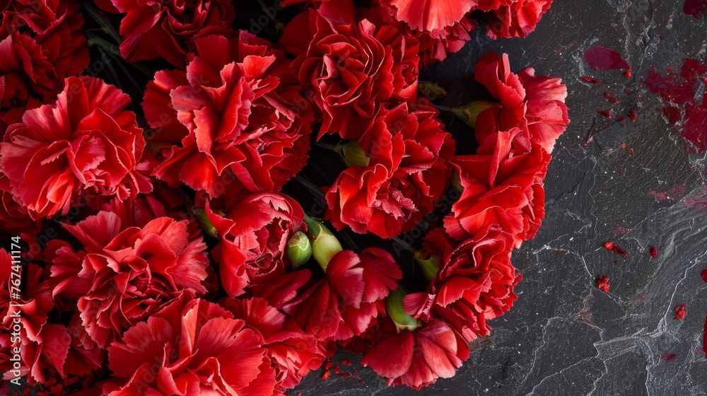 a bunch of red flowers sitting on top of a black table next to a white vase with red flowers in it. a bunch of red flowers sitting on top of a black table next to a white vase with red flowers in it.