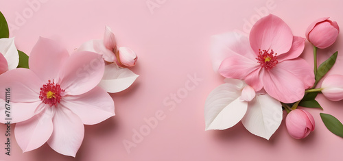 Decorative flowers and leaves on pink surface for mothers day pink blossoms love 
