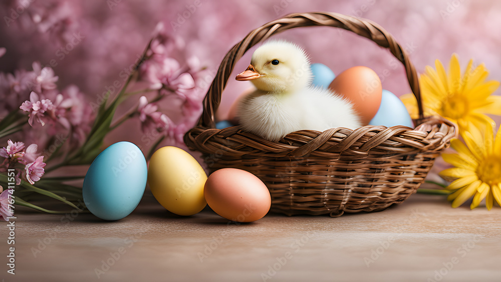 Duckling Amidst Easter Eggs, Adorable Chick Nestled in Basket Adorned with Colorful Eggs and Flowers - Festive Spring Celebration Duckling Amidst Easter Eggs, Adorable Chick Nestled in Basket Adorned with Colorful Eggs and Flowers - Festive Spring Celebration