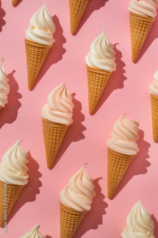 Assortment of soft serve ice cream cones on pink backdrop, a light pastel palette evokes sweetness and joy Assortment of soft serve ice cream cones on pink backdrop, a light pastel palette evokes sweetness and joy