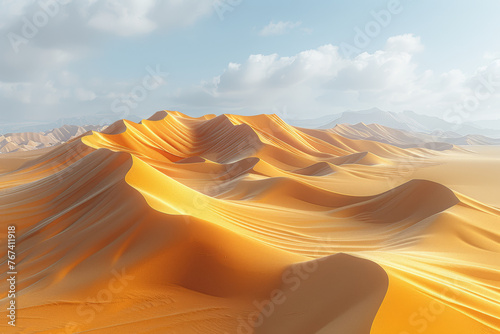 A desert dune field with shifting sands sculpted by the wind  exemplifying the dynamic nature of arid landscapes. Concept of ever-changing desert topography. Generative Ai.