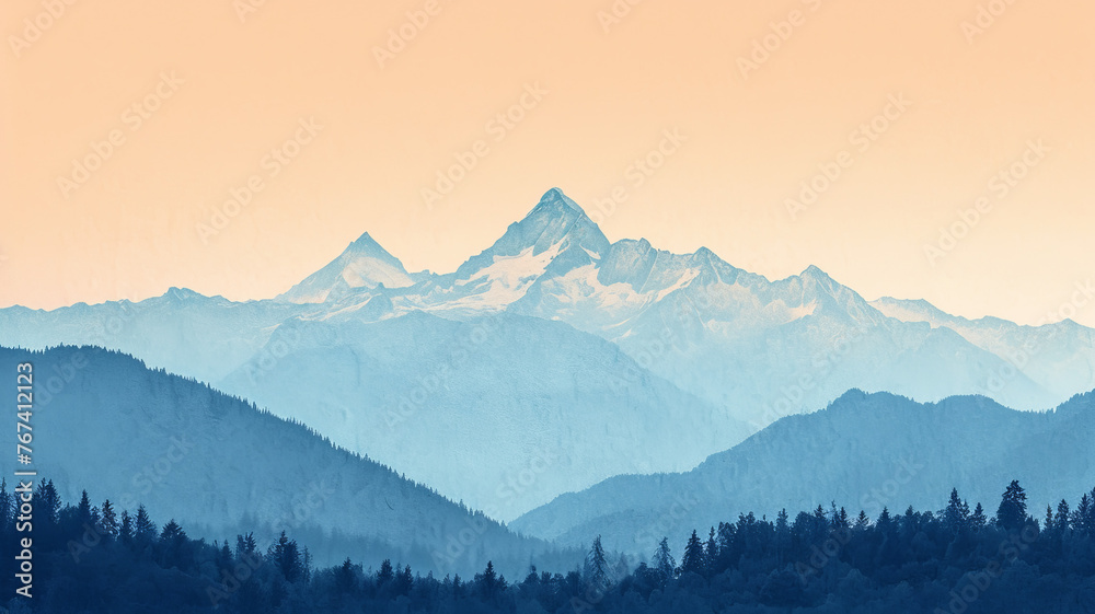 sunrise, cyan portrait art of A serene summer morning paints the snow-capped mountains with a soft glow, as the dawn sky takes on warm and inviting tones