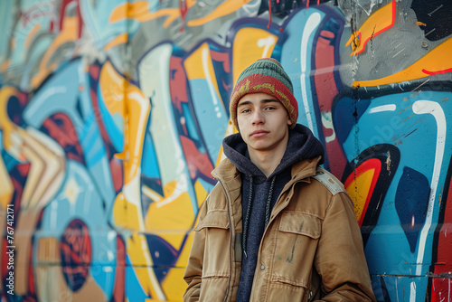 Young handsome guy wearing a beanie hat, beige jacket and black sweatshirt on a colorfully painted wall background