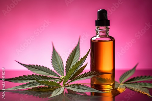 Abstract grunge background with a bottle of hemp oil and hemp leaves on bright pink background