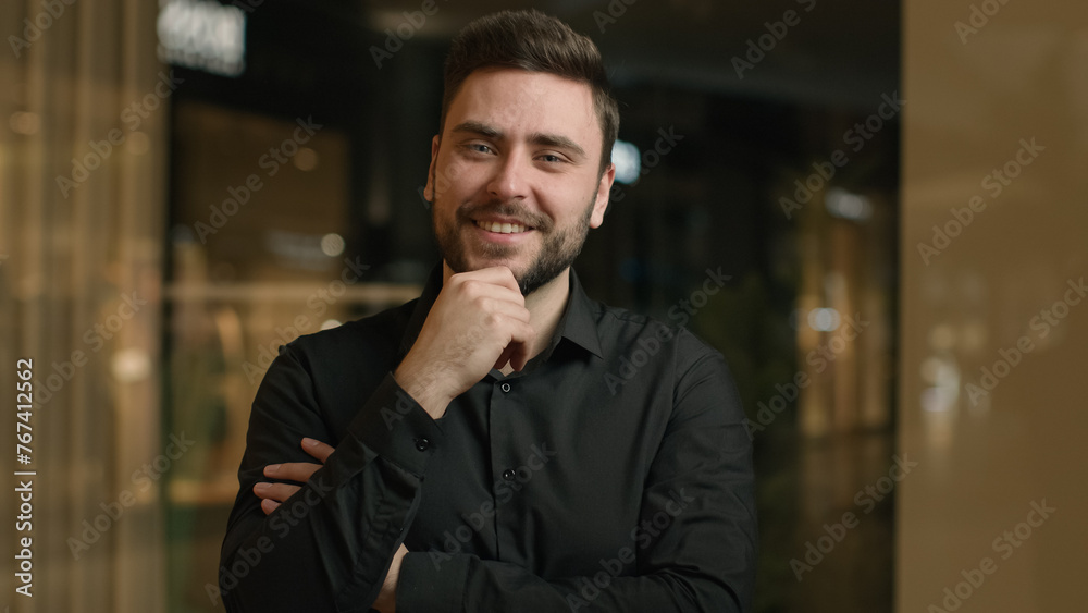 Caucasian businessman millennial 30s man executive business company in office portrait happy male entrepreneur salesman manager raise head looking at camera flirt smiling toothy dental smile laughing Caucasian businessman millennial 30s man executive business company in office portrait happy male entrepreneur salesman manager raise head looking at camera flirt smiling toothy dental smile laughing
