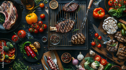 Summer barbecue flat lay with grilling tools meats and vegetables.