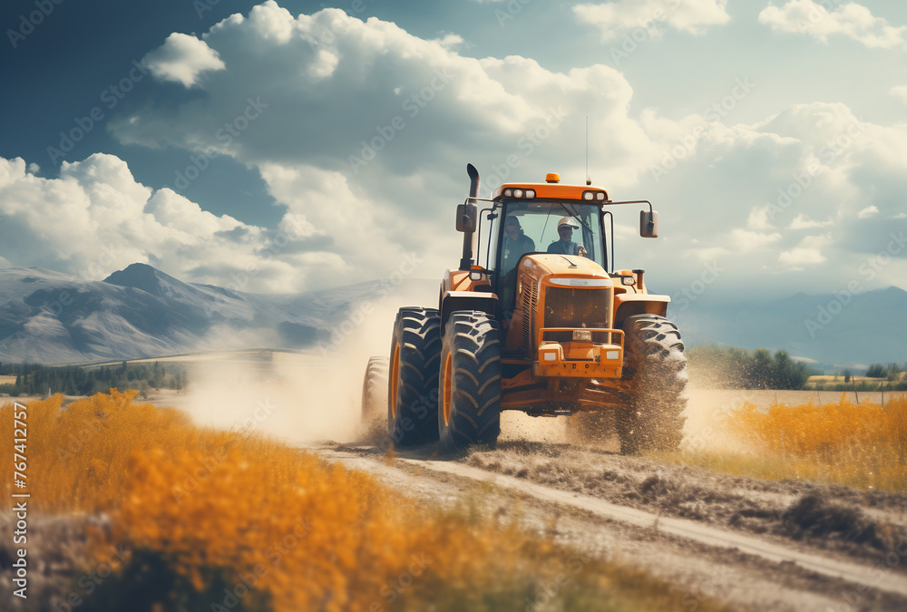 Tractor driving down dirt road Tractor driving down dirt road