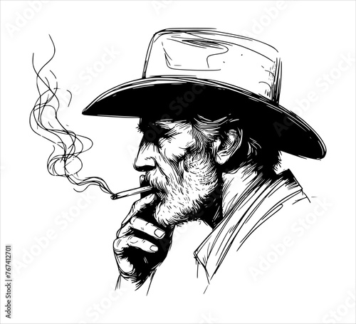 line hand drawing - an old man cowboy is smoking a cigarette, black on white background (artwork 1)