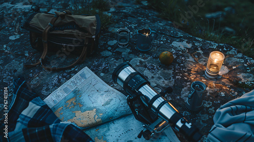 Summer night stargazing flat lay with a telescope constellation map and a blanket.