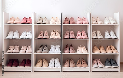 colorful shoes on shelves in white wooden closet on white room b