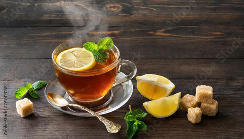 A cup of tea with a lemon slice and a spoon on a wooden table