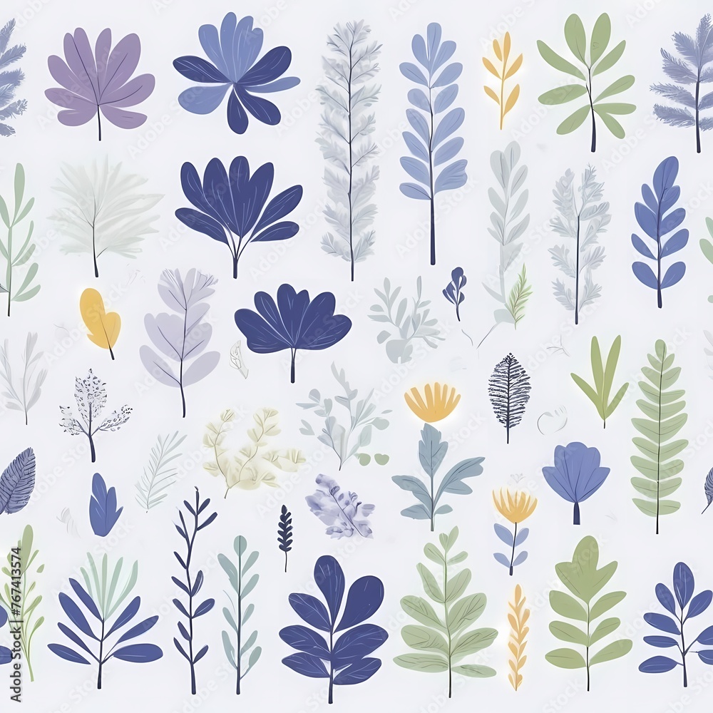 A collection of seamless pattern, colorful abstract plants and flowers. Hand drawn Collection of leaves and flowers. A close up of a pattern of flowers and leaves.
