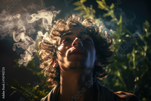Curly-Haired Man Smoking in Dramatic Light.