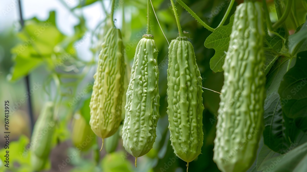 Bitter gourd hanging on a vine in garden,bitter melon,momodica
Bitter gourd hanging on a vine in garden,bitter melon,momodica