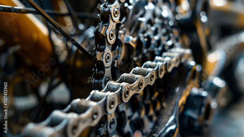 The intricate gears and chain of a mountain bike.