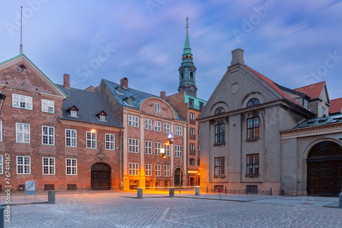 Public square Frue Plads during morning blue hour in Copenhagen, capital of Denmark