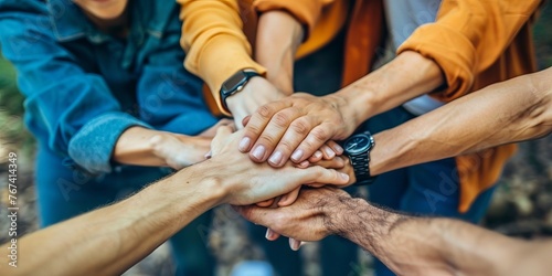 Various hands clasped together. Symbol of unity and cooperation, concept: multiculturalism and teamwork, diversification and inclusion and corporate training. photo