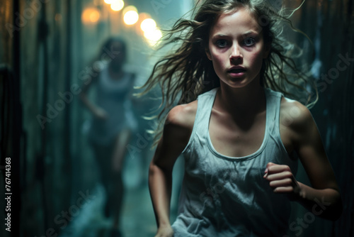 Running Girl in Dim Light with Dramatic Expression.