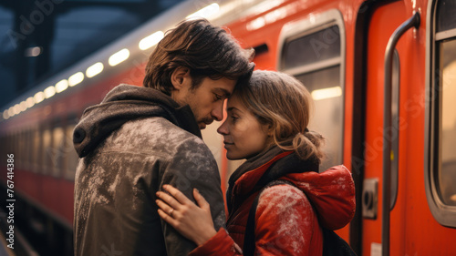 Emotional Couple at Train Station in Winter Evening.