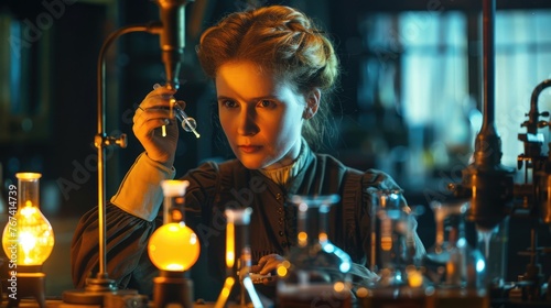 Historical depiction of Marie Curie's intense research with glowing equipment in her lab