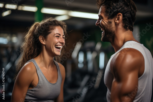 Joyful Fitness Enthusiasts Sharing a Laugh at Gym.
