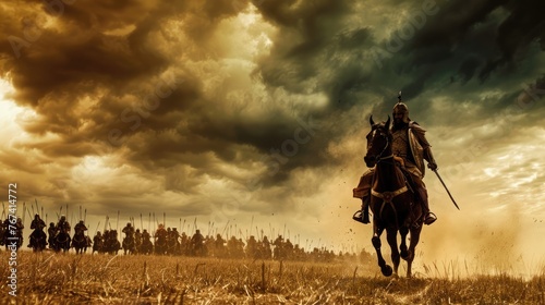 The legendary general Alexander the Great atop his steed inspires troops, with tempestuous clouds above