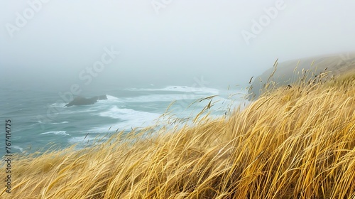 Generative AI : Golden Veldt grass with incoming fog on a windy day along the California coast. photo
