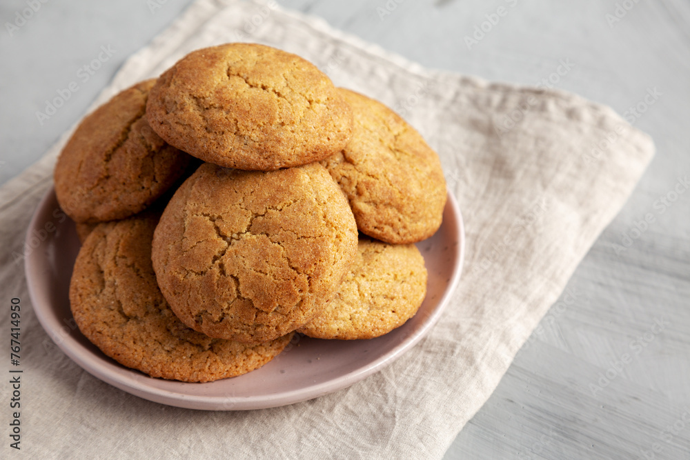 Homemade Soft And Chewy Snickerdoodle Cookies on a Plate, side view. Copy space. Homemade Soft And Chewy Snickerdoodle Cookies on a Plate, side view. Copy space.