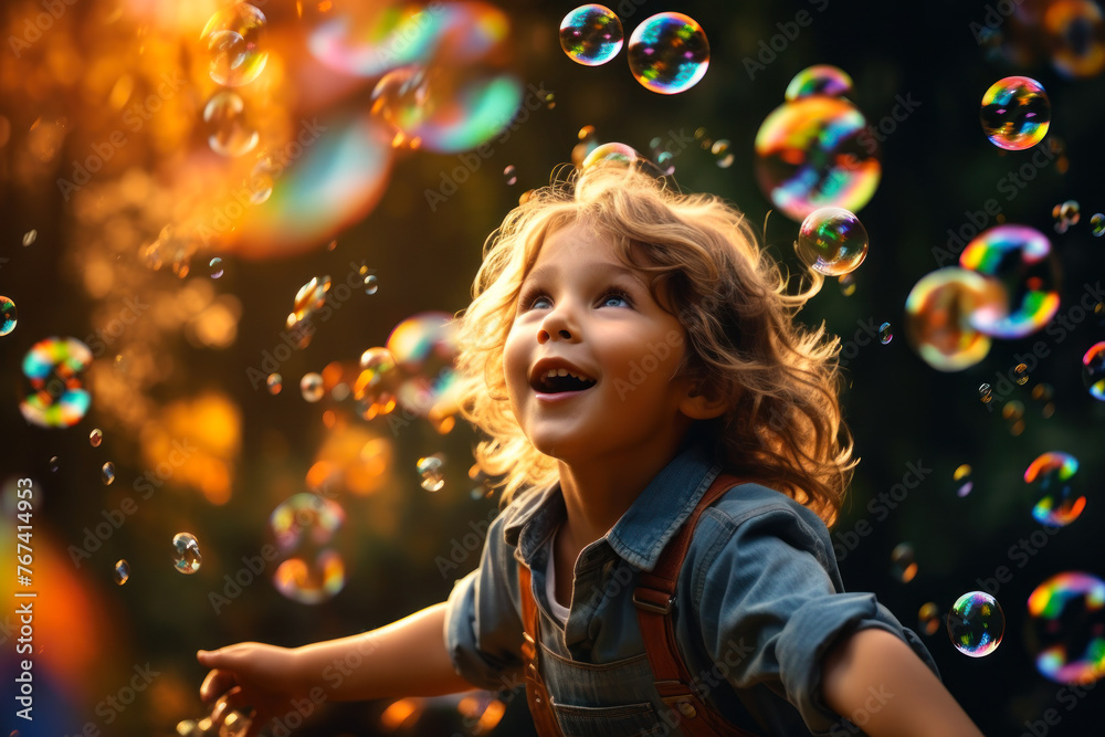 Child's Wonder at Soap Bubbles in Sunlight. Child's Wonder at Soap Bubbles in Sunlight.