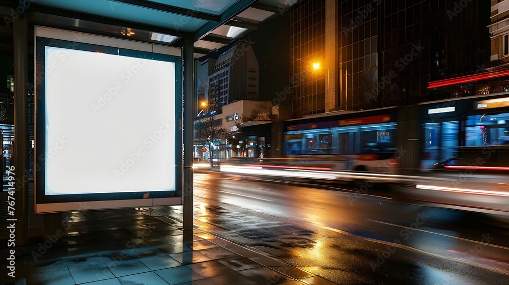Generative AI : White bus stop billboard poster in a station with cars in moving in the background, Front view, mockup Generative AI : White bus stop billboard poster in a station with cars in moving in the background, Front view, mockup