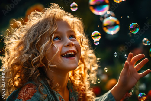 Child's Wonder at Soap Bubbles in Sunlight.