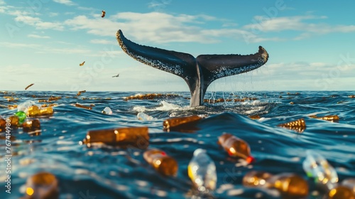 Whale tail on the surface of the sea or ocean with plastic bottles against blue sky