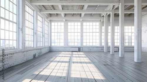 Generative AI : White loft with large windows and wooden floor