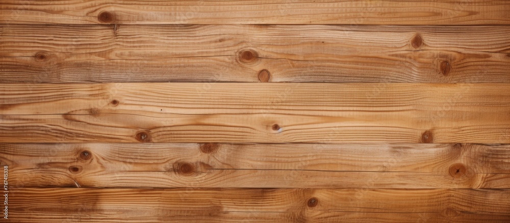 Fototapeta premium A closeup of a hardwood plank flooring with a rich amber wood stain and varnish, showcasing the intricate pattern of the brown wooden wall in the background