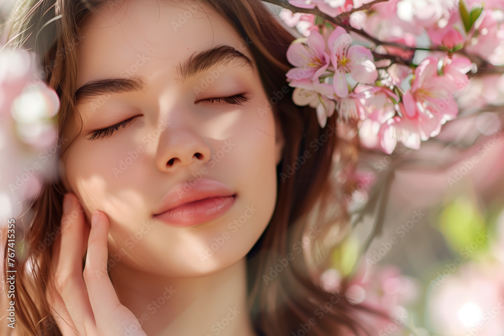 Beautiful woman with closed eyes in spring park, touching face and flowers, enjoying nature Beautiful woman with closed eyes in spring park, touching face and flowers, enjoying nature