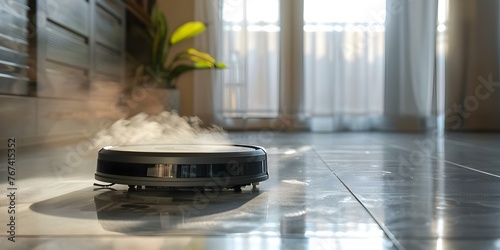 Efficient Robot Vacuum with Steam Cleaning Capability in Action Cleaning a Dusty Floor. Concept Robot Vacuum, Steam Cleaning, Efficient Cleaning, Dusty Floor, Cleaning Action