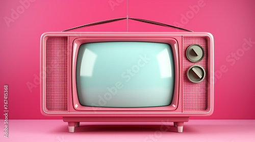 A pink retro old television with antenna. 3d rendering style Solid color background photo