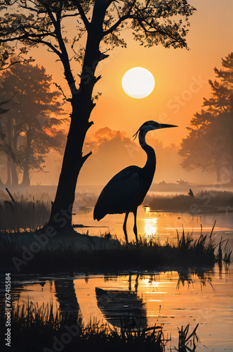Picturesque landscape in the style of drawing graphics depicting a lone crane on the bank of a body of water at sunset in warm orange color. AI generative.